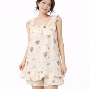 Cotton Gauze Teddy Bear Two-Piece Pajama Set | Sleeveless Top & Shorts